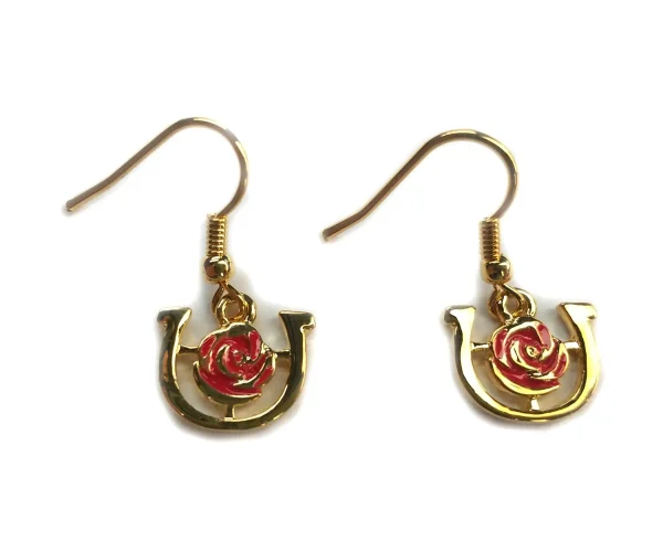 Kentucky Derby Icon Gold Horseshoe with Red Rose French Wire Earrings