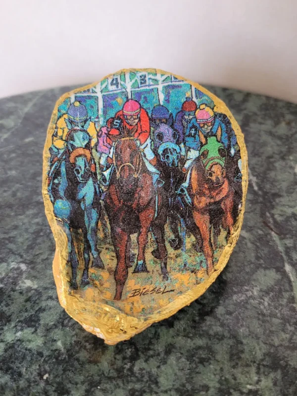 Decoupage Oyster Shell with Horse Racing Motif