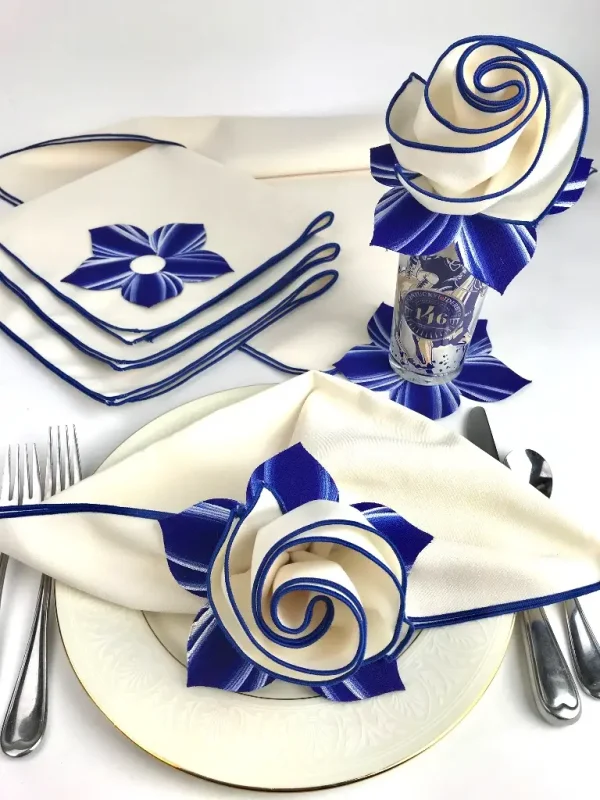 White Banquet Napkins with Navy Trim with Cuffs