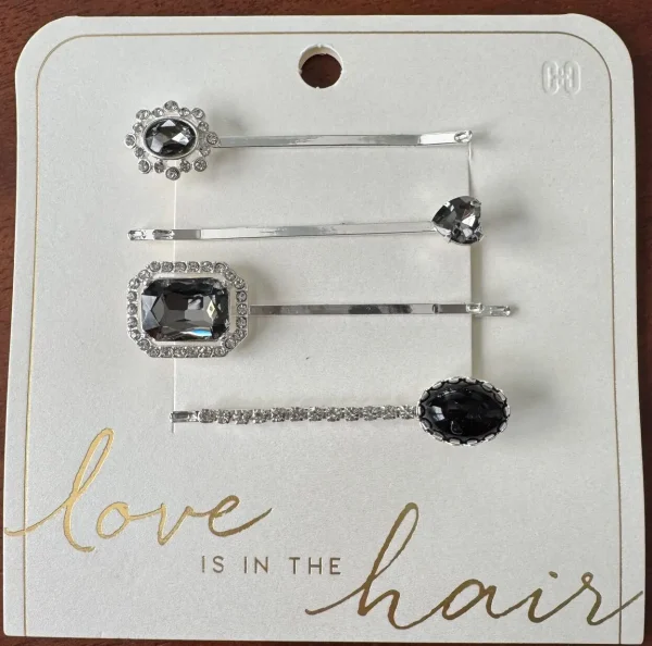 Black/Gray Shelby Rhinestones on Silver Hair Pins