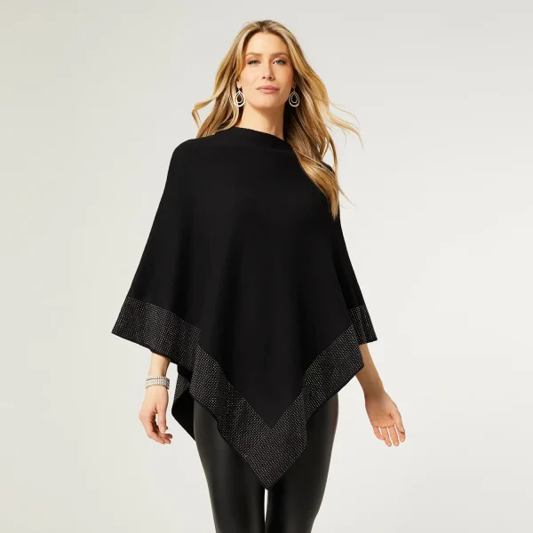 Tova Rhinestone Trim Poncho - Black