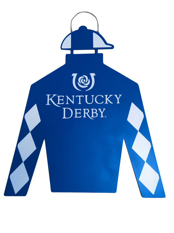Jockey Silk Decorative Door Hanger with Kentucky Derby Iconic Logo in rich blue