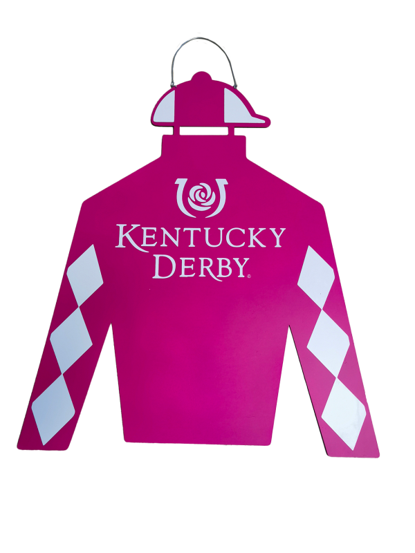 Jockey Silk Decorative Door Hanger with Kentucky Derby Iconic Logo in Pink
