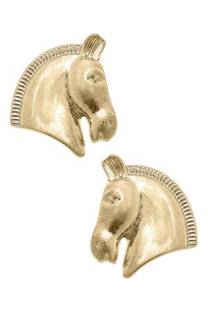 Horse Head Stud Earrings in Worn Gold