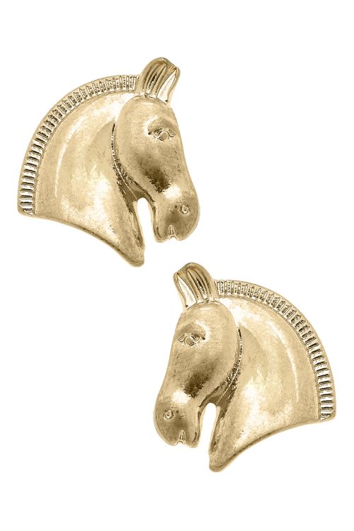 Horse Head Stud Earrings in Worn Gold