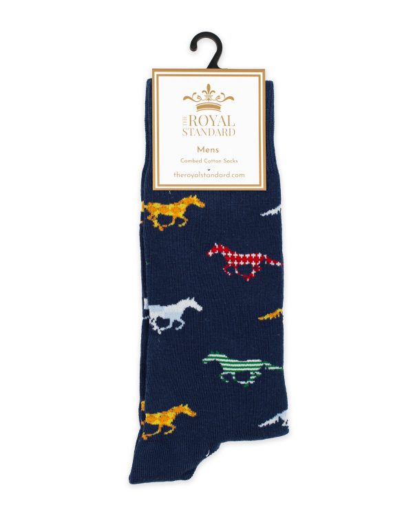 Navy Men's Socks with colorful Racing Horses