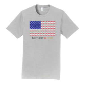 Historic Kentucky Derby Patriotic Flag Tee-Shirt with running horses to create the stripes